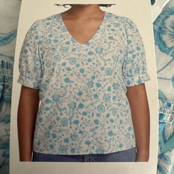 Draper James Women's S V-Neck Puff Sleeve Blouse Top Blue Floral NWT 9264 - Picture 11 of 15